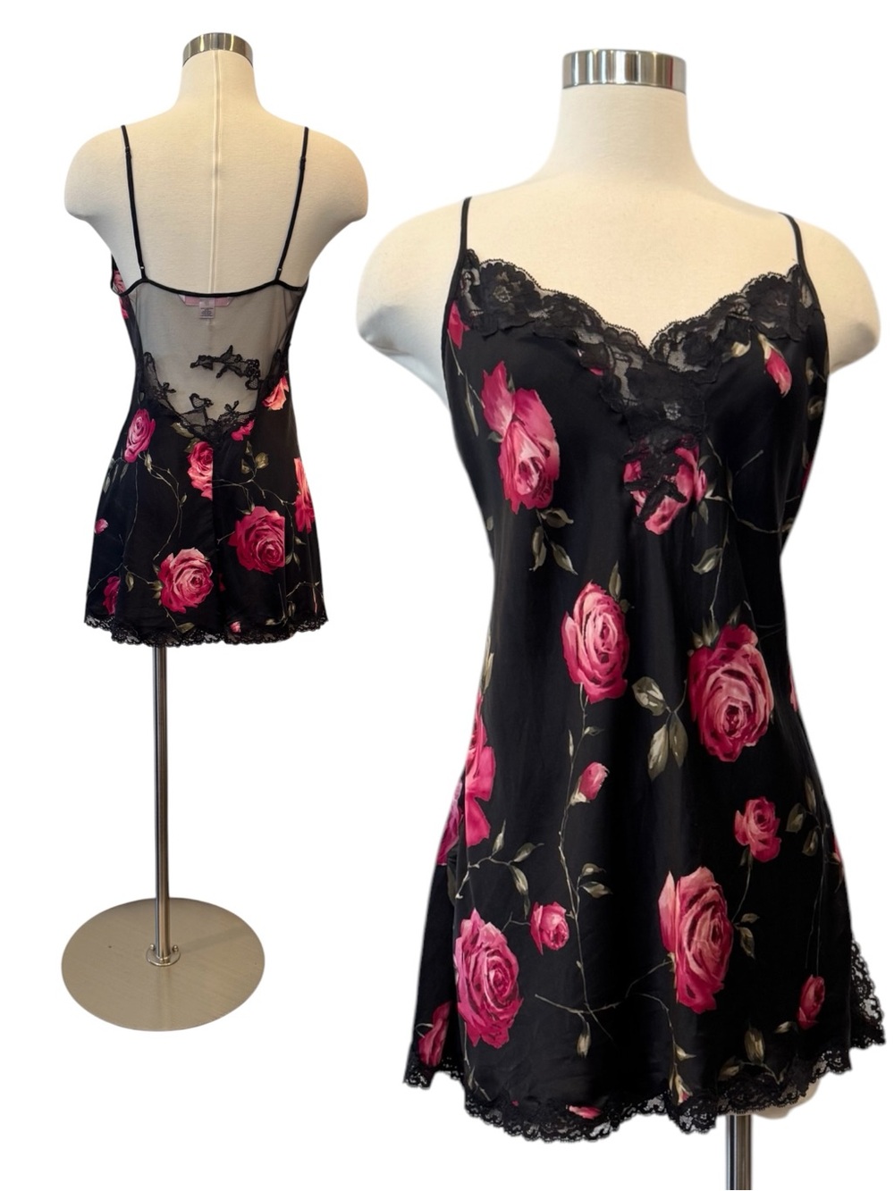 Y2K Victoria’s Secret Silk Black Red Rose Print Vintage Sheer Mesh Slip Dress M